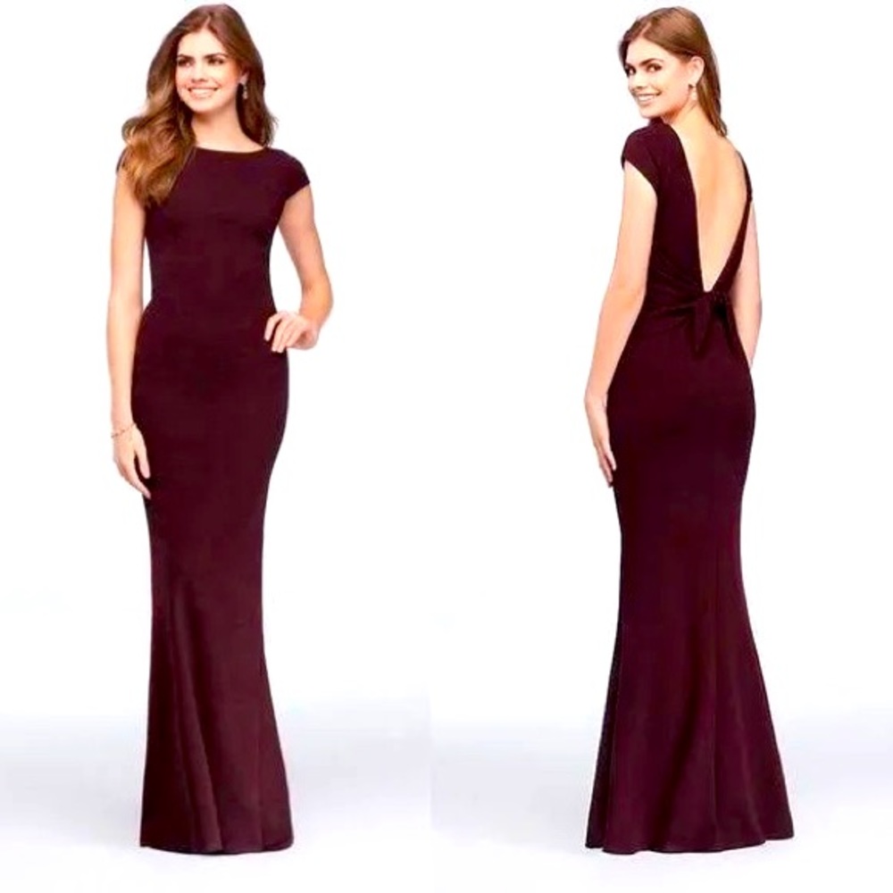 Speechless Wine Bow Back Crepe Sheath Gown, Size 4